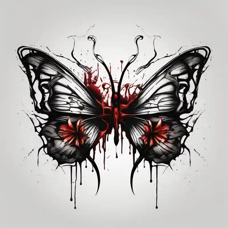 blackwork style Idées de tatouages Second Skin en 2025 about Bleeding butterfly and a second one who is in mental horror style and his placement is left and down from the first one and Bleeding butterfly and a second one who is in mental horror style and his placement is left and down from the first one