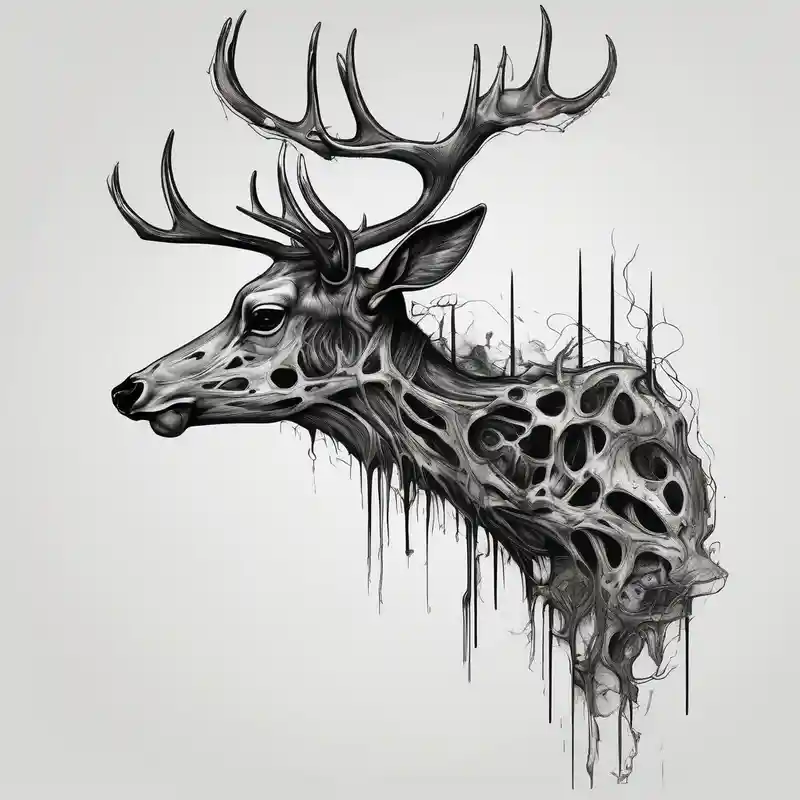 surreal style Idées de tatouage de cerf sur la jambe en 2025 &Générer gratuitement about A frightening horror DECAYING deer carcass JUST BONE FROM THE SIDE surrounded by a forest fire in background and A frightening horror DECAYING deer carcass JUST BONE FROM THE SIDE surrounded by a forest fire in background