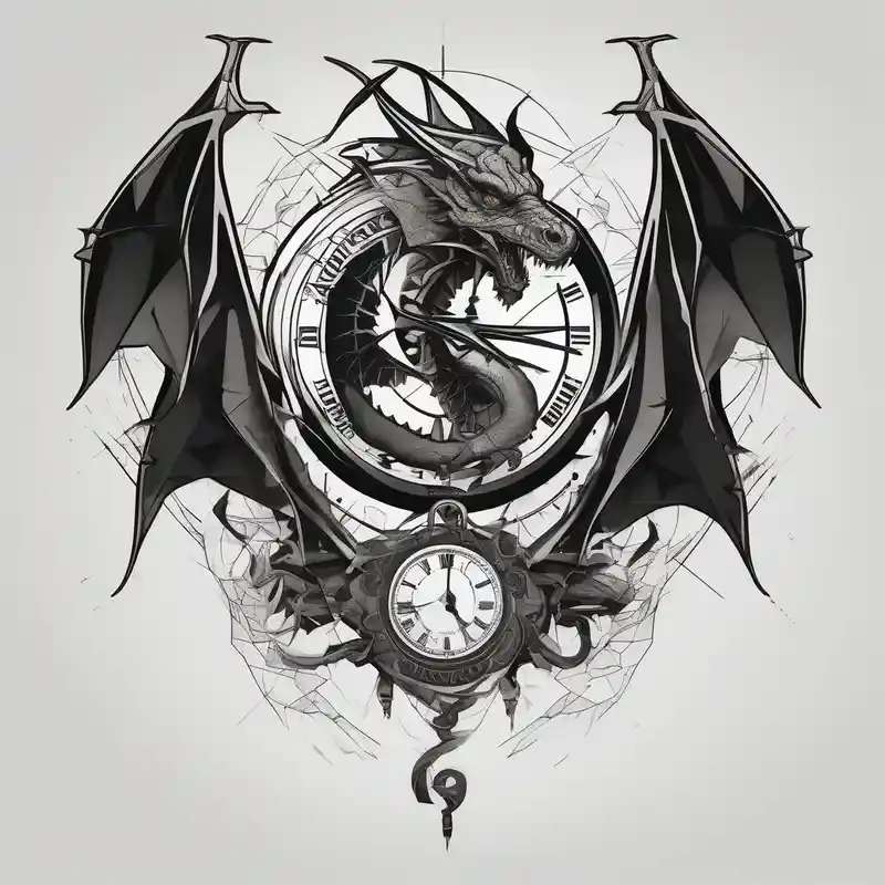 geometric style 2025年の時計のタトゥーのアイデア about Horror dragon tattoo with clock and dollars and palm on background