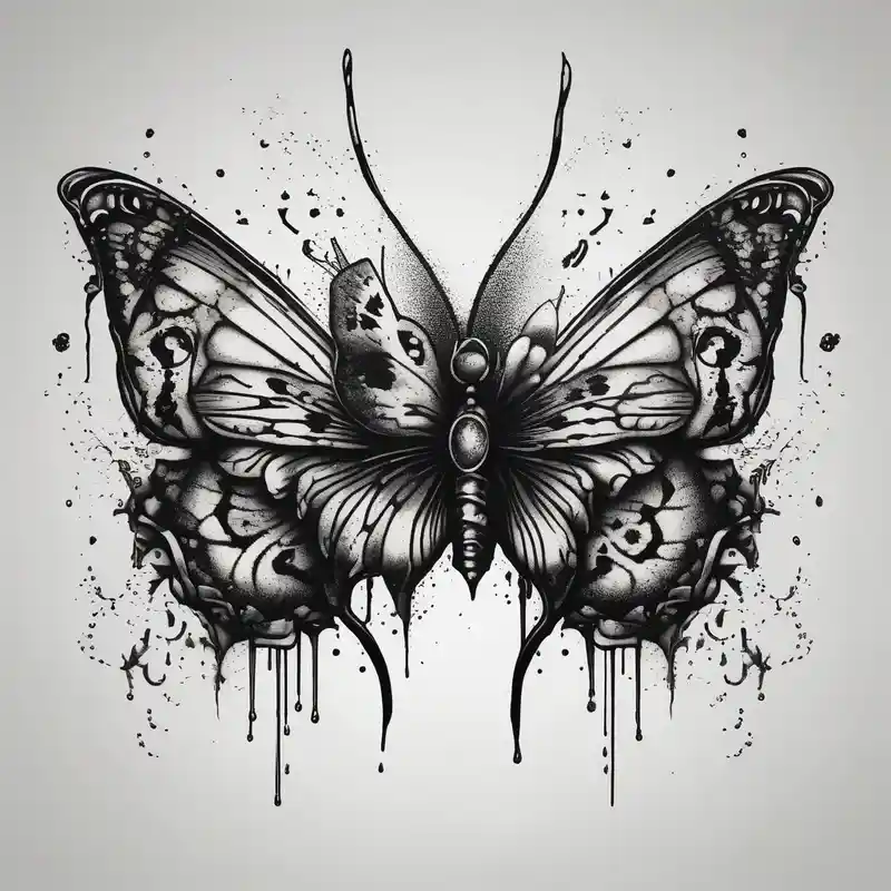 dotwork style Second Skin Tattoo Ideas in 2025 about close up Bleeding butterfly and a second one who is in mental horror style and his placement is right and down from the first one and close up Bleeding butterfly and a second one who is in mental horror style and his placement is right and down from the first one