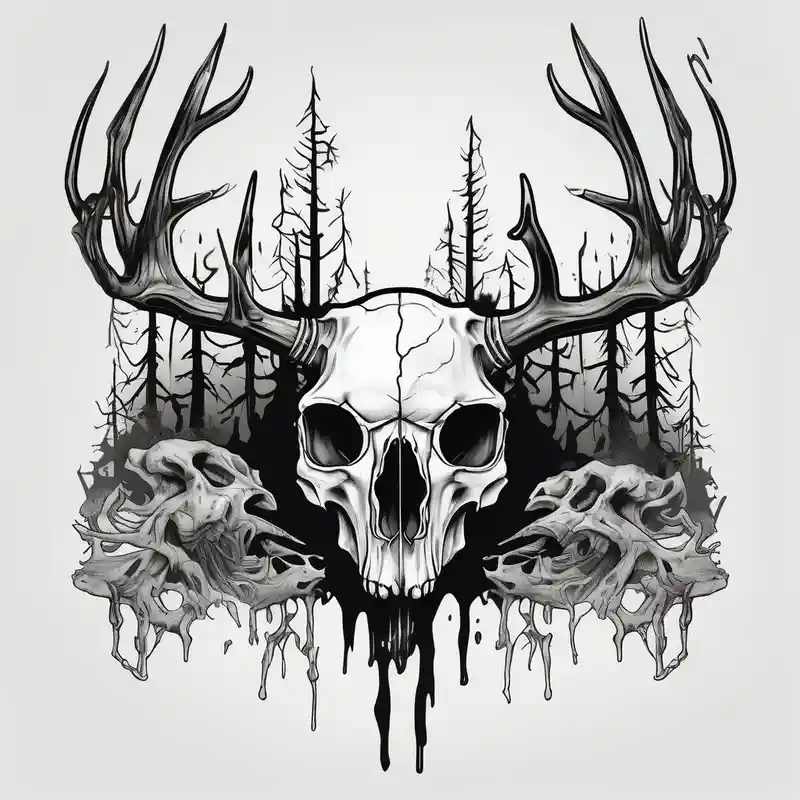 cartoon style Deer Tattoo Designs and Meanings about A frightening horror DECAYING deer skull JUST BONE FROM THE SIDE surrounded by a forest fire in background and A frightening horror DECAYING deer skull JUST BONE FROM THE SIDE surrounded by a forest fire in background