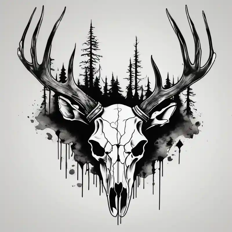 watercolor style Deer Tattoo Leg Ideas in 2025 & free generation about A frightening horror DECAYING deer skull JUST BONE FROM THE SIDE surrounded by a forest fire in background and A frightening horror DECAYING deer skull JUST BONE FROM THE SIDE surrounded by a forest fire in background