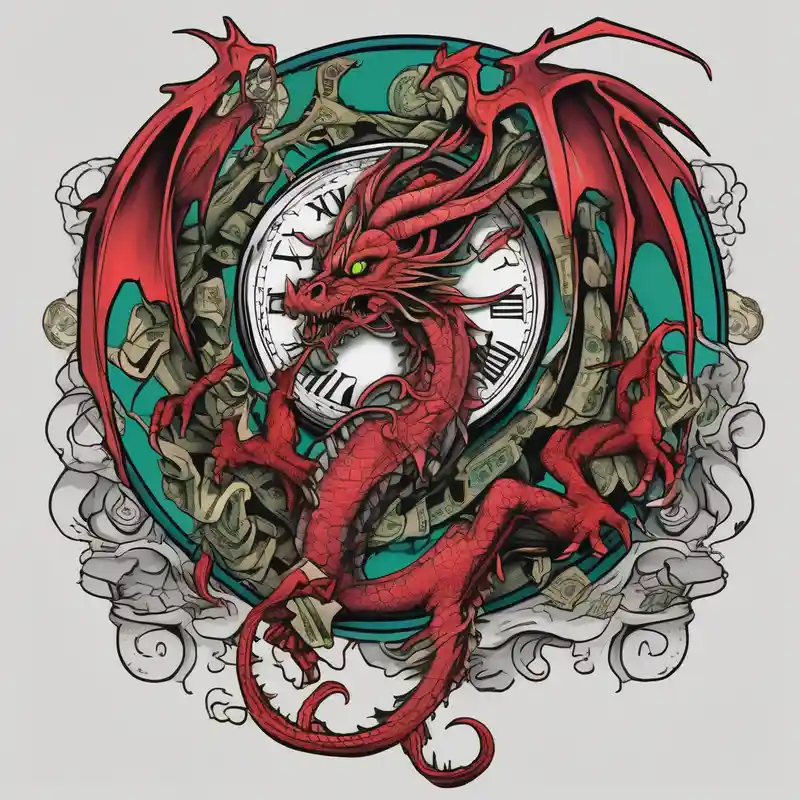 sketch style Clock Tattoo Ideas in 2025 & free generation about Horror dragon tattoo with clock and dollars on background