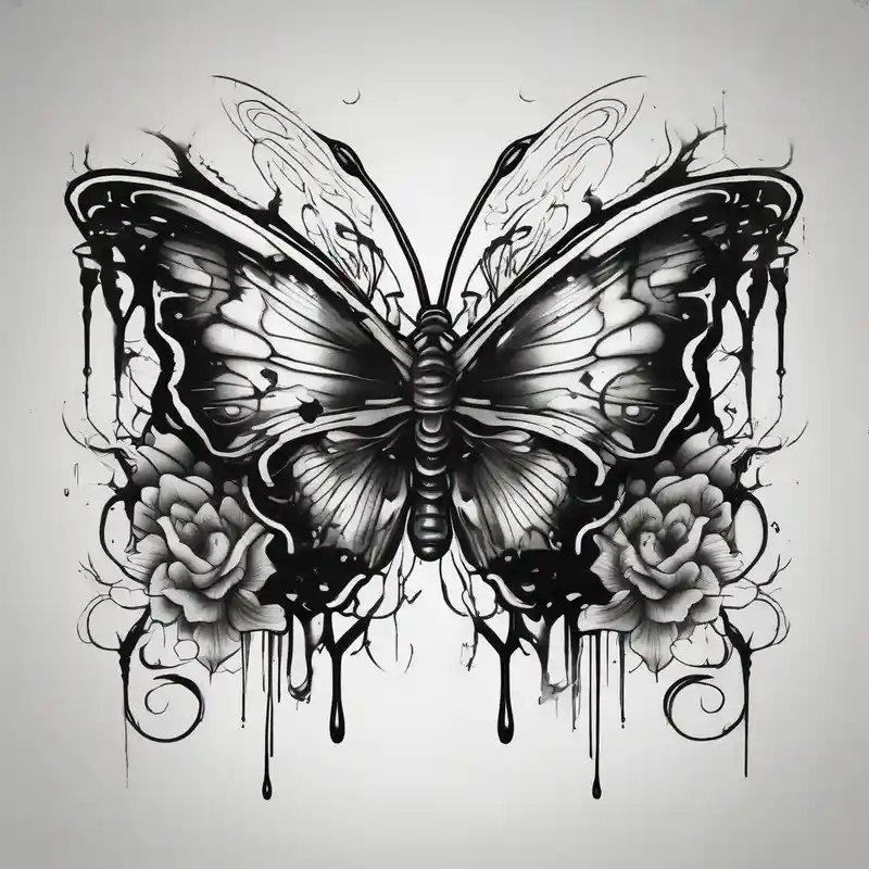 japanese style Second Skin Tattoo Ideas in 2025 about close up Bleeding butterfly and a second one who is in mental horror style and his placement is right and down from the first one and close up Bleeding butterfly and a second one who is in mental horror style and his placement is right and down from the first one