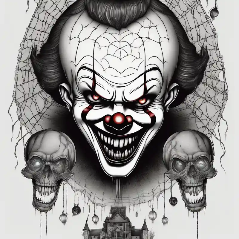 dotwork style Jack Sparrow Tattoo Ideas and Designs in 2025 & free generation about penny wise clown holding a single balloon and with spiders on webs that look evil