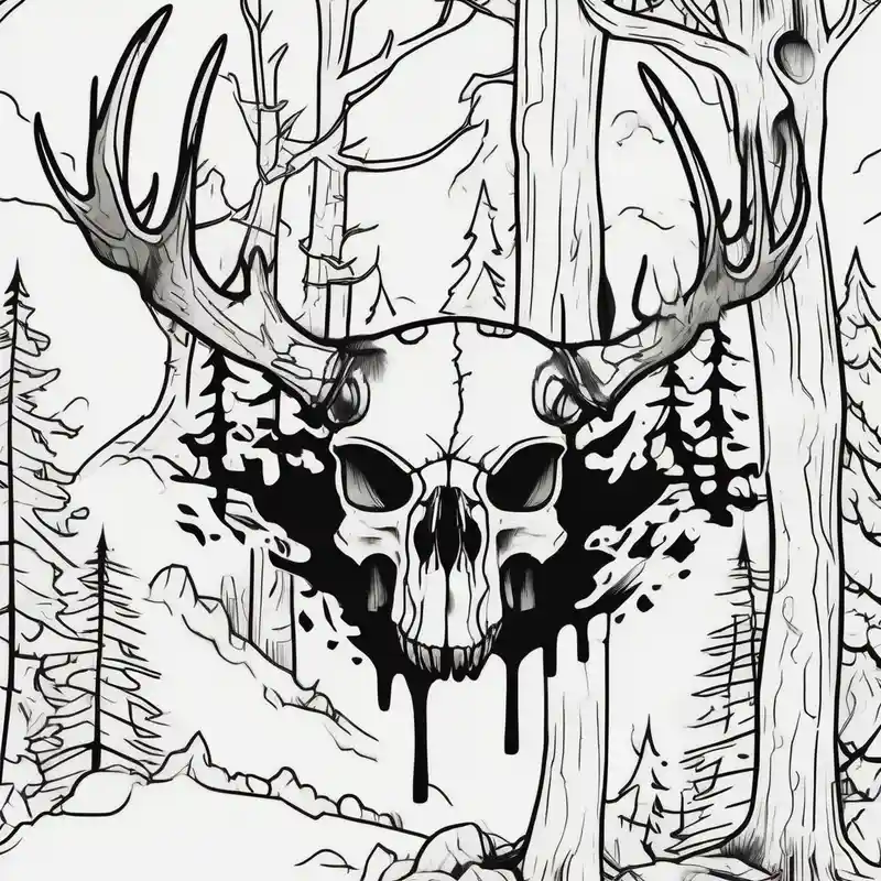 cartoon style 2025年の鹿の刺青の脚へのアイデア about A side view of a frightening horror DECAYING deer skull JUST BONE surrounded by a forest fire in background and A side view of a frightening horror DECAYING deer skull JUST BONE surrounded by a forest fire in background