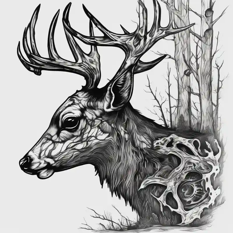 black and white style Ideas para tatuajes de ciervo en la pierna en 2025 & Generar gratis about A frightening horror DECAYING deer carcass JUST BONE FROM THE SIDE surrounded by a forest fire in background and A frightening horror DECAYING deer carcass JUST BONE FROM THE SIDE surrounded by a forest fire in background