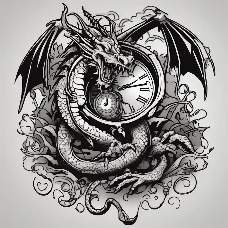 cartoon style 2025年の時計のタトゥーのアイデア about Horror dragon tattoo with clock and dollars and palm on background