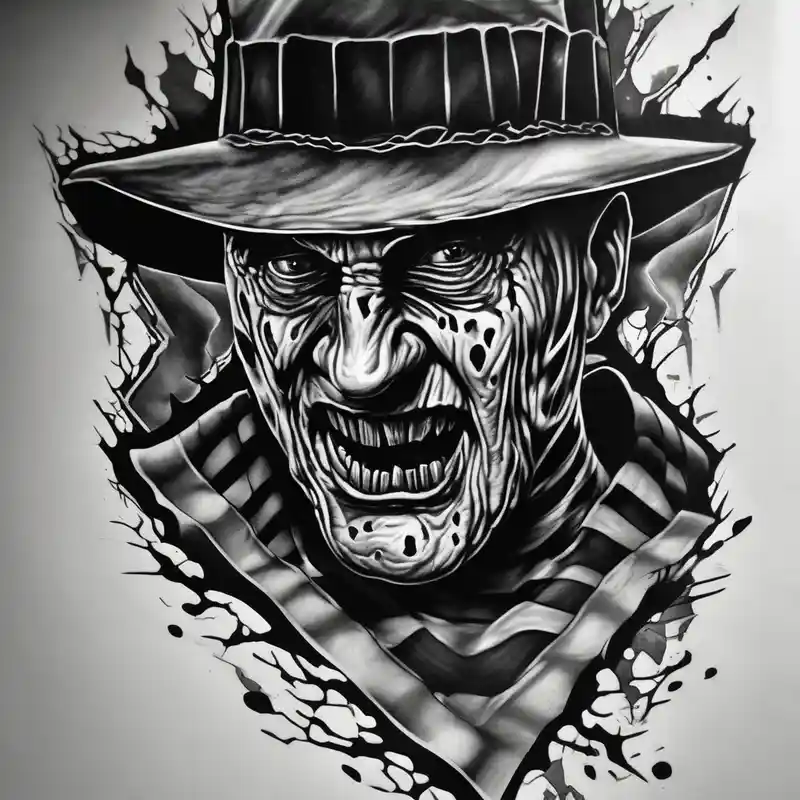 black and white style Horror Tattoo Ideas in 2025 about Realistic horror movie Freddy Krueger Ripping through skin and Realistic horror movie Freddy Krueger Ripping through skin