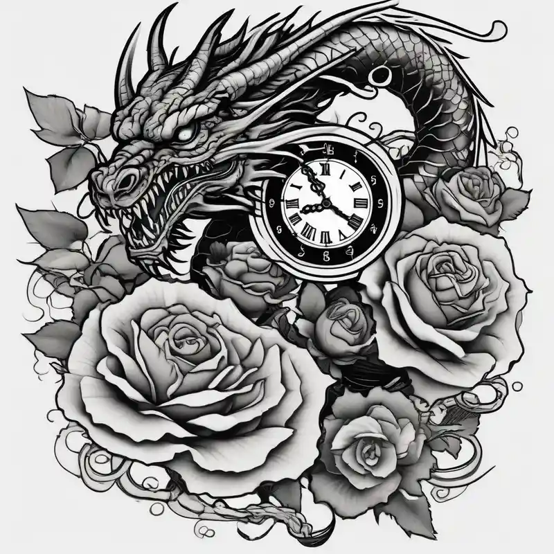 japanese style Ideas para Tatuajes de Relojes en 2025 & Generar gratis about Horror dragon tattoo with clock and dollars and roses on background