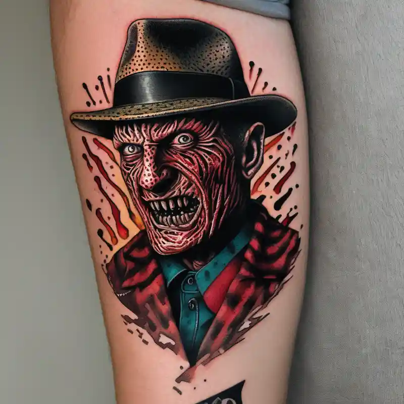 dotwork style Horror Tattoo Ideas in 2025 about Realistic horror movie Freddy Krueger Ripping through skin and Realistic horror movie Freddy Krueger Ripping through skin