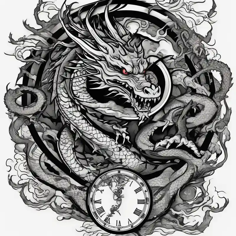 japanese style Clock Tattoo Ideas in 2025 & free generation about Horror dragon tattoo with clock and dollars on background