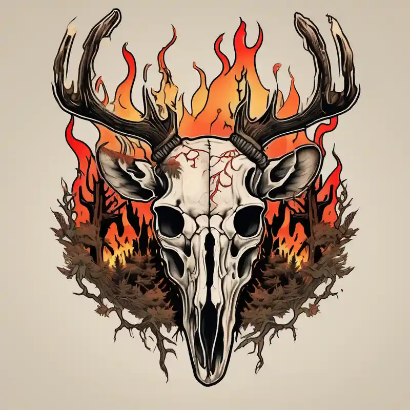 old school style Deer Tattoo Leg Ideas in 2025 & free generation about A frightening horror DECAYING deer skull JUST BONE side profile surrounded by a forest fire in background and A frightening horror DECAYING deer skull JUST BONE side profile surrounded by a forest fire in background