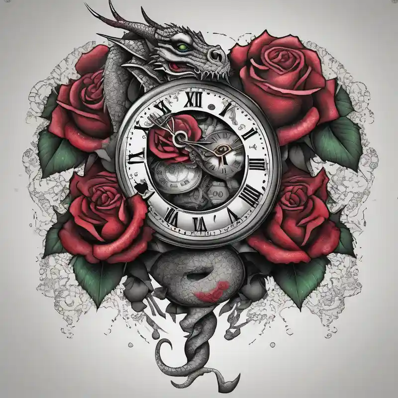 dotwork style Horror Tattoo Ideas in 2025 about Horror dragon tattoo with clock and dollars and roses on background