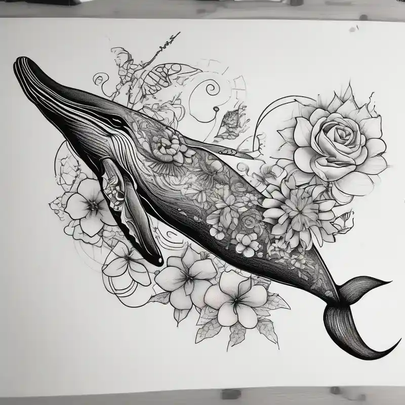 dotwork style 2025年のハチドリタトゥーアイデア about Small whale and hummingbird