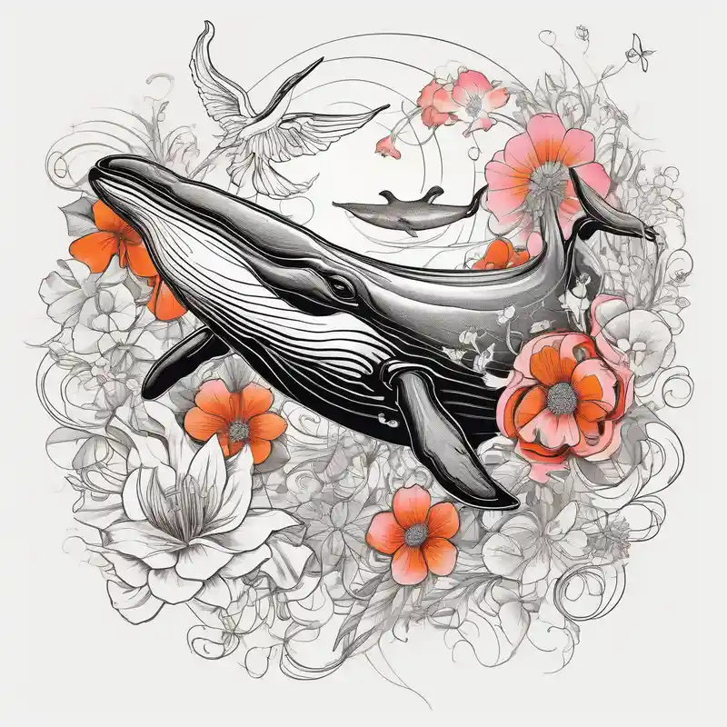 sketch style 2025年のハチドリタトゥーアイデア about whale and hummingbird