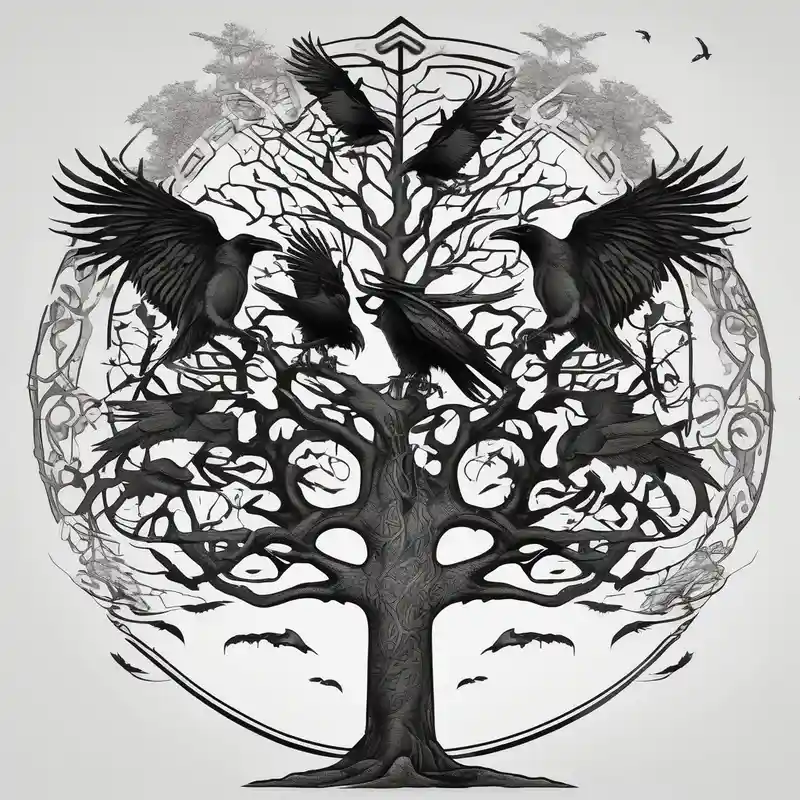 surreal style 2025年のアイリッシュタトゥーアイデア about Irish family tree with 3 flying ravens and Irish family tree with 3 flying ravens