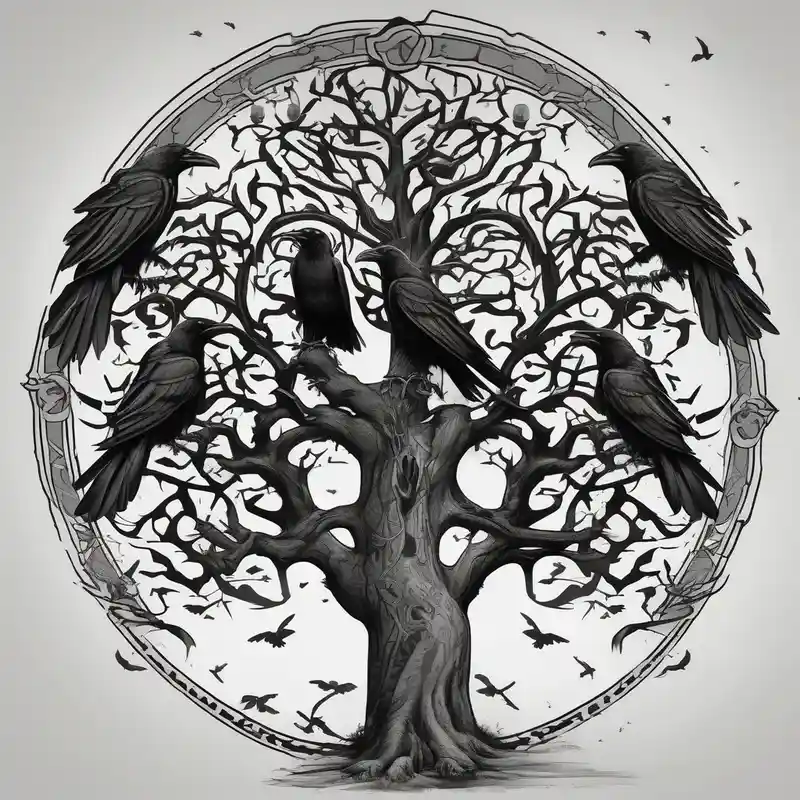 black and white style Irish Tattoo Ideas in 2025 about Irish family tree with 3 flying ravens and Irish family tree with 3 flying ravens