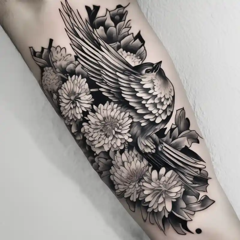 black and white style Designs et Significations du Tatouage Jack Sparrow about Arm with sparrows and cheysanthemums black only in a Japanese style jack-sparrow and Arm with sparrows and cheysanthemums black only in a Japanese style jack-sparrow