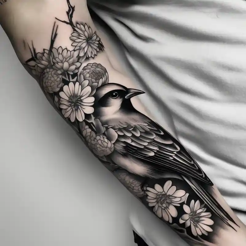 realistic style Diseños de Tatuajes de Jack Sparrow y sus Significados about Arm with sparrows and cheysanthemums black only in a Japanese style jack-sparrow and Arm with sparrows and cheysanthemums black only in a Japanese style jack-sparrow