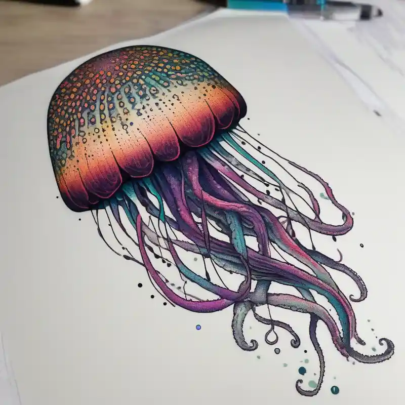 dotwork style 2025年のクラゲのタトゥーのアイデア about jellyfish with a small head and really long tentacles and jellyfish with a small head and really long tentacles