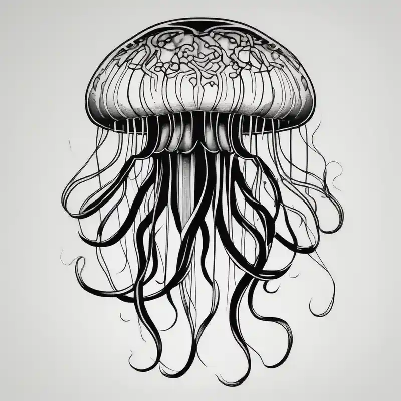 blackwork style 2025年のクラゲのタトゥーのアイデア about Jellyfish with super long tentacles and Jellyfish with super long tentacles