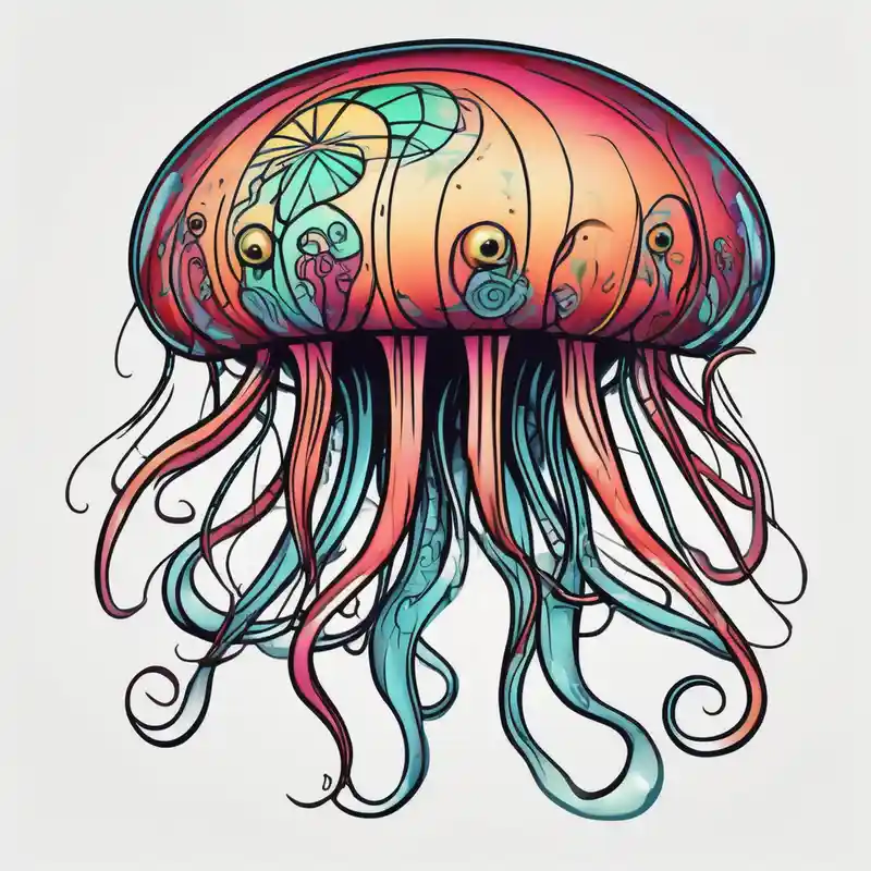 cartoon style 2025年のクラゲのタトゥーのアイデア about jellyfish with a small head and really long tentacles and jellyfish with a small head and really long tentacles