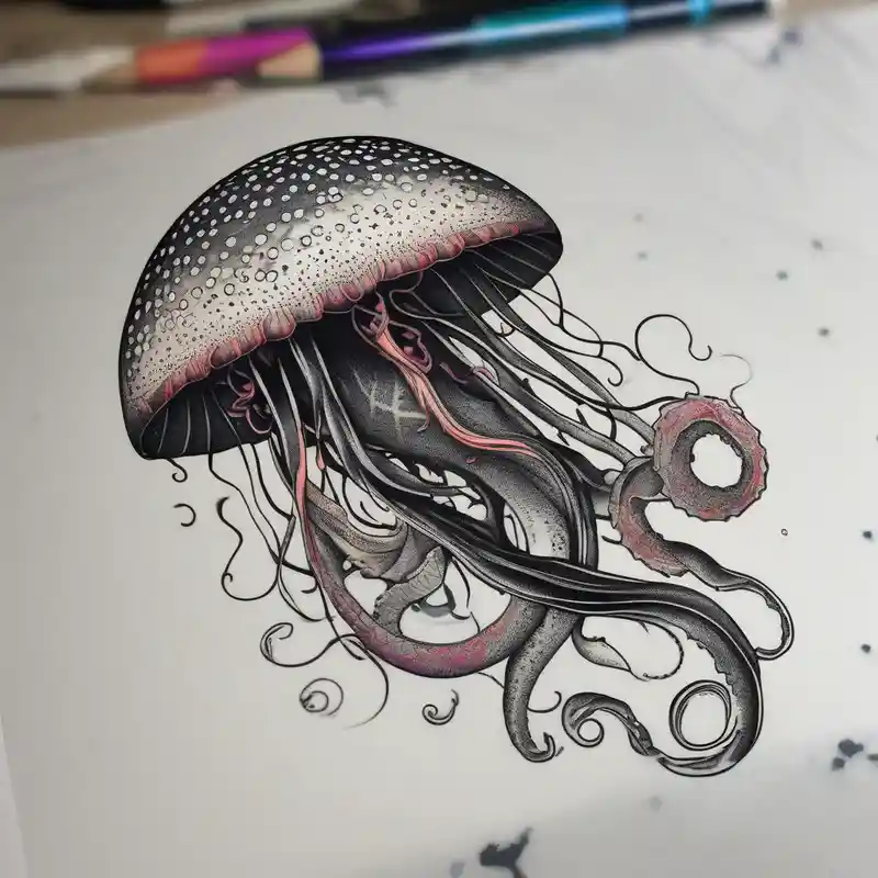 dotwork style Koi Fish Tattoo Ideas in 2025 & free generation about 1 jellyfish with the moon in the lid. Then with mini koi carp and jellyfish swimming amongst the tentacles and 1 jellyfish with the moon in the lid. Then with mini koi carp and jellyfish swimming amongst the tentacles