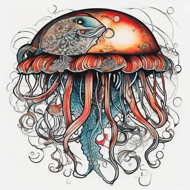 sketch style Koi Fish Tattoo Ideas in 2025 & free generation about 1 jellyfish with the moon in the lid. Then with mini koi carp and jellyfish swimming amongst the tentacles and 1 jellyfish with the moon in the lid. Then with mini koi carp and jellyfish swimming amongst the tentacles