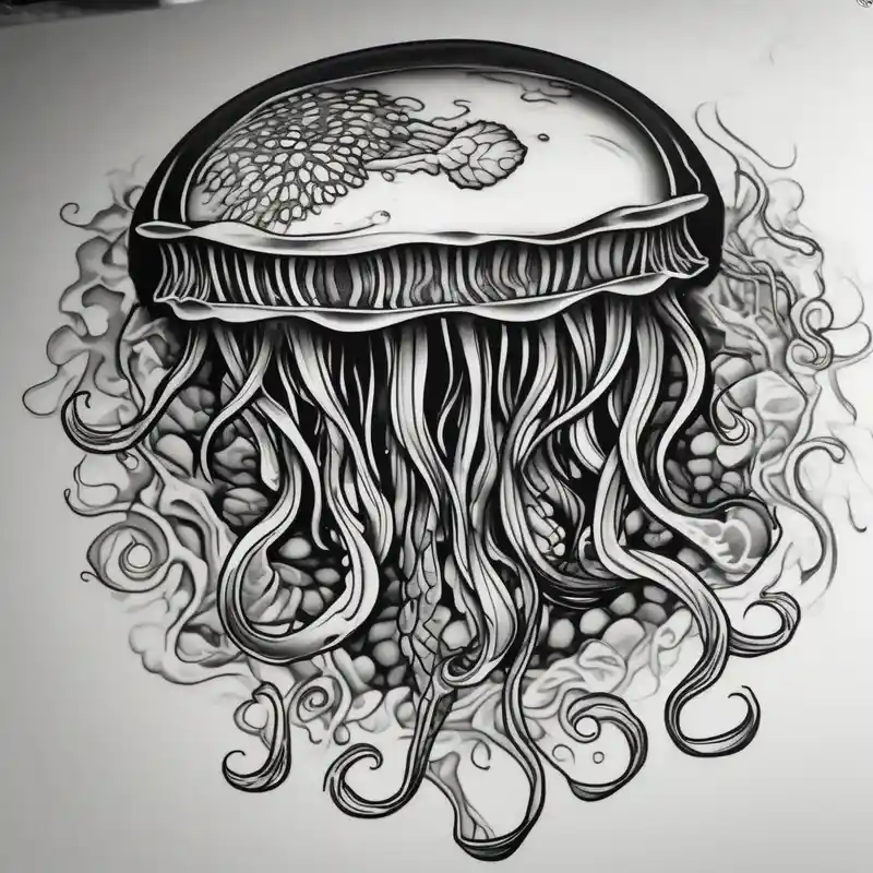 3d style Koi Fish Tattoo Ideas in 2025 & free generation about 1 jellyfish with the moon in the lid. Then with mini koi carp and jellyfish swimming amongst the tentacles and 1 jellyfish with the moon in the lid. Then with mini koi carp and jellyfish swimming amongst the tentacles