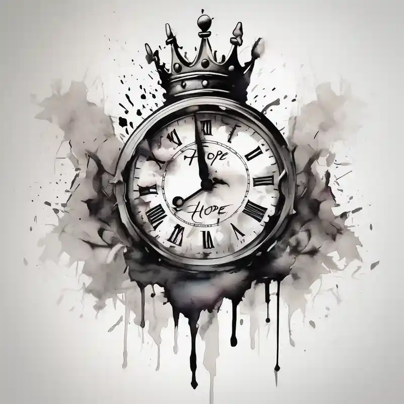 watercolor style Crow Tattoo Ideas in 2025 about Broken clock with king crown lettering HOPE king-and-queen and Broken clock with king crown lettering HOPE king-and-queen