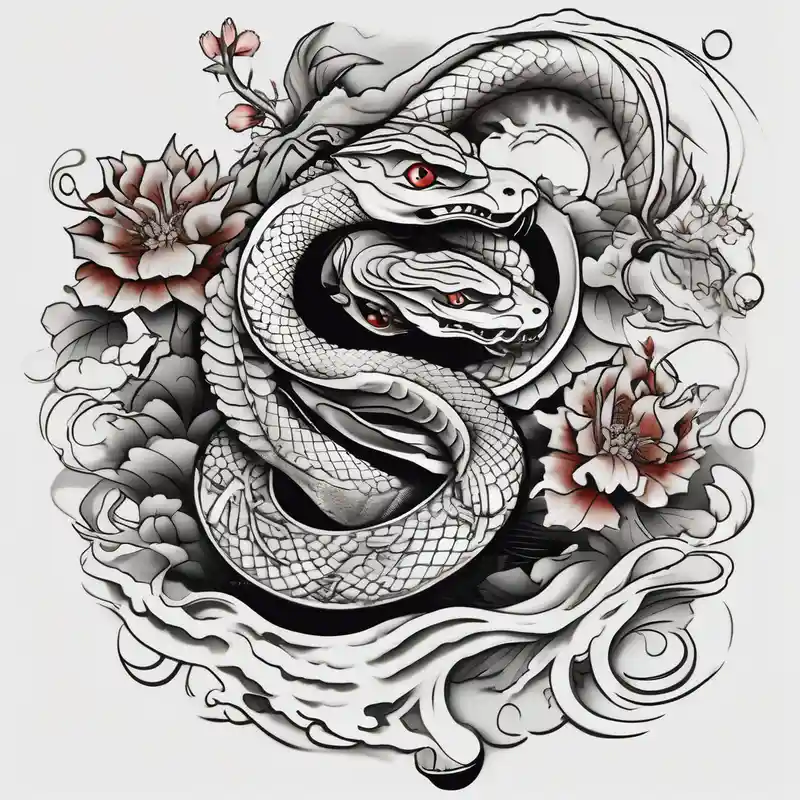 japanese style Snake Tattoo Ideas and Designs in 2024 about Snake with 2 fish and flowers koi-fish and Snake with 2 fish and flowers koi-fish