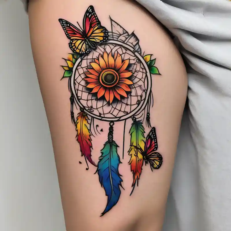 japanese style Butterfly Tattoo Ideas in 2024 about Quarter Leg sleeve with dreamcatcher and rainbow sunflowers and one butterfly leg-ideas