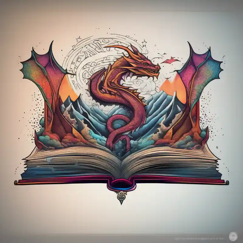 dotwork style Book Tattoo Ideas in 2025 about An open magic book. a tiny dragon with four legs flying in the sky. three mountains coming out of the book leg-ideas and An open magic book. a tiny dragon with four legs flying in the sky. three mountains coming out of the book leg-ideas