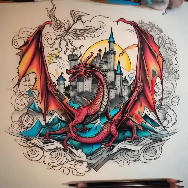 sketch style Book Tattoo Ideas in 2025 about an open fairy book. a dragon with scales and four legs flying in the sky. a castle. three mountain peaks leg-ideas and an open fairy book. a dragon with scales and four legs flying in the sky. a castle. three mountain peaks leg-ideas