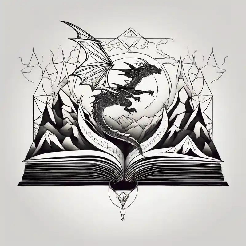 geometric style Book Tattoo Ideas in 2025 about An open magic book fluttering pages. a tiny dragon with four legs flying in the sky. three mountains coming out of the book leg-ideas and An open magic book fluttering pages. a tiny dragon with four legs flying in the sky. three mountains coming out of the book leg-ideas