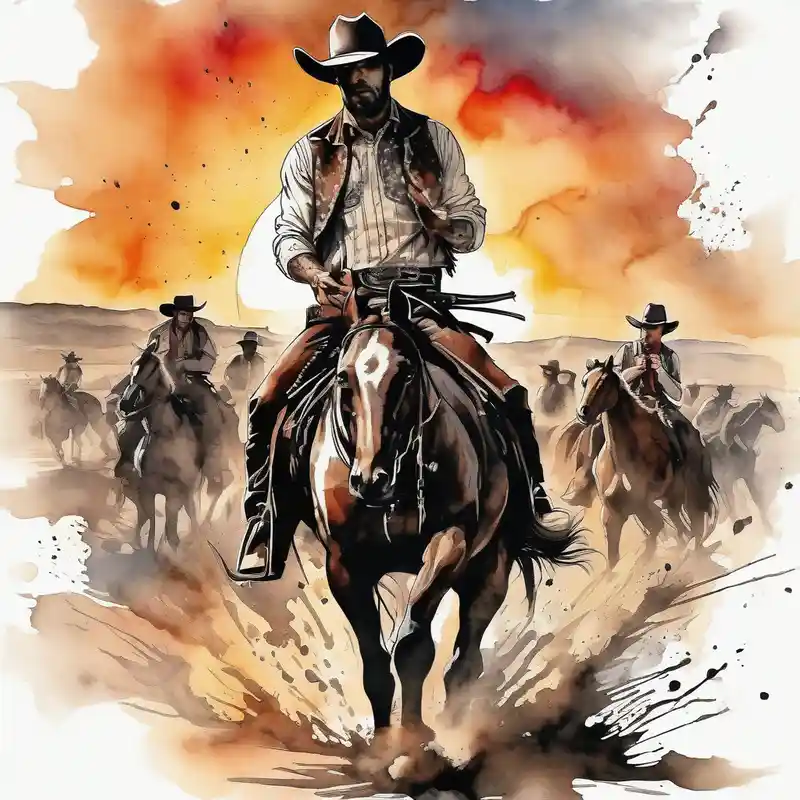 watercolor style Ideas para tatuajes en la pierna en 2025 & Generar gratis about Country western cowboy saloon sunset shootout leg leg-ideas and Country western cowboy saloon sunset shootout leg leg-ideas