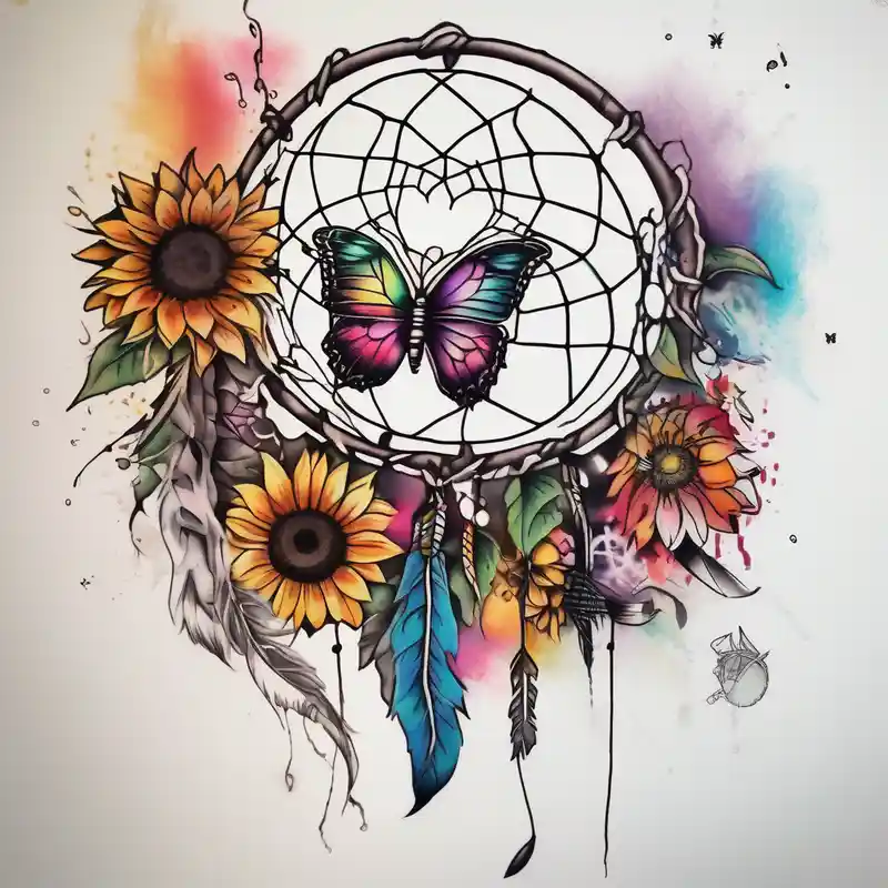 watercolor style Butterfly Tattoo Ideas in 2024 about Quarter Leg sleeve with dreamcatcher and rainbow sunflowers and one butterfly leg-ideas