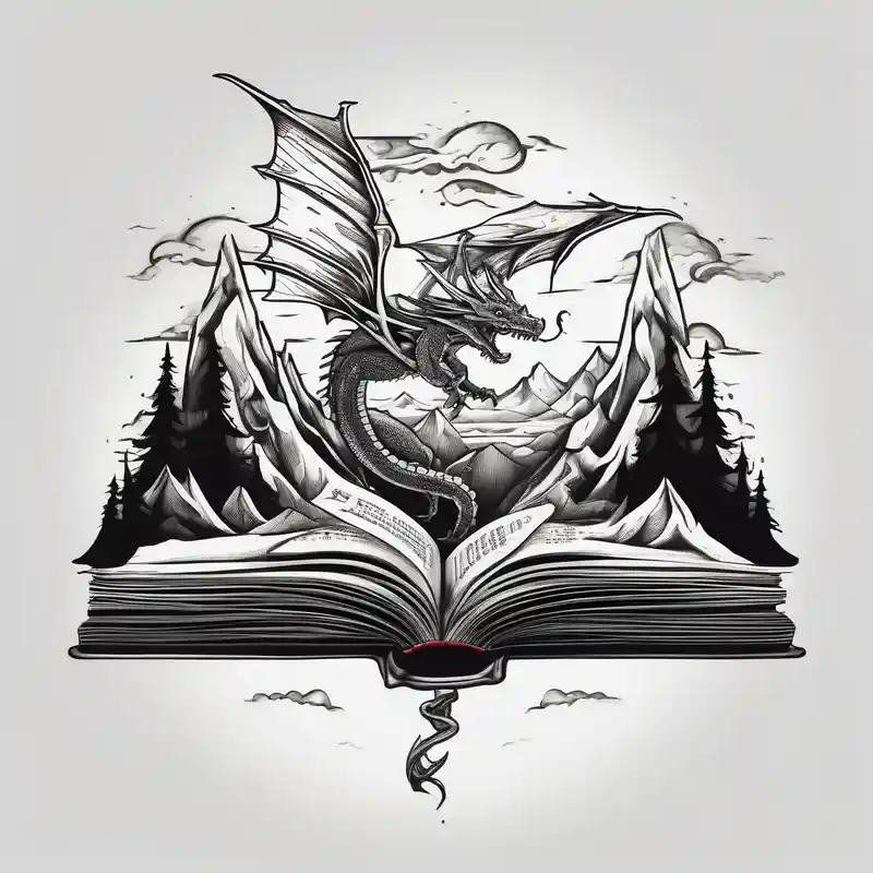 black and white style Book Tattoo Ideas in 2025 about An open magic book fluttering pages. a tiny dragon with four legs flying in the sky. three mountains coming out of the book leg-ideas and An open magic book fluttering pages. a tiny dragon with four legs flying in the sky. three mountains coming out of the book leg-ideas