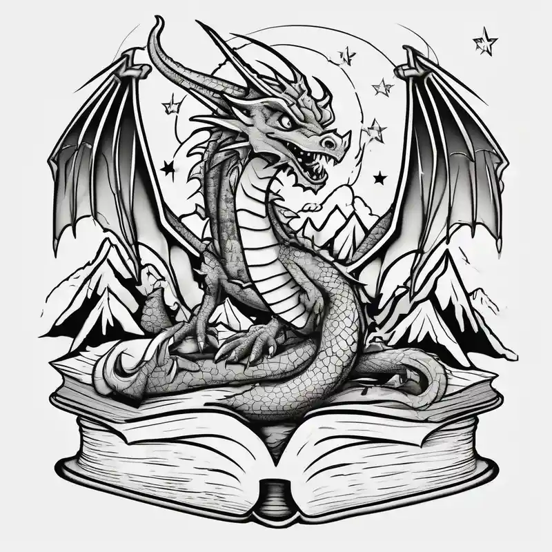 cartoon style Book Tattoo Ideas in 2025 about an open fairy fantasy book. a flying dragon with scales and four legs. a sword. Three stars with three mountain peaks leg-ideas and an open fairy fantasy book. a flying dragon with scales and four legs. a sword. Three stars with three mountain peaks leg-ideas