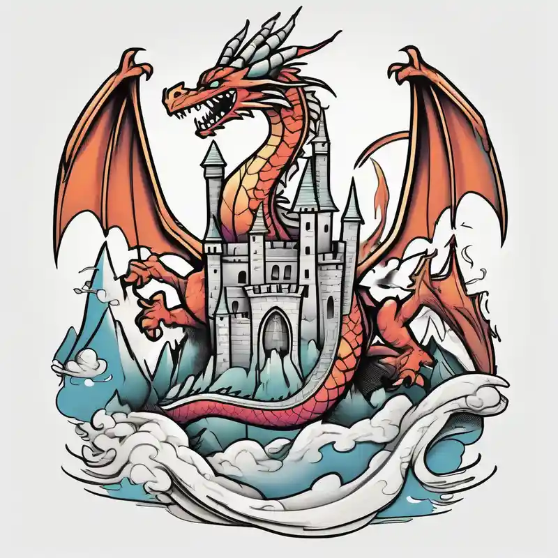 cartoon style Ideas de tatuajes de libros en 2025 about an open fantasy book. a flying dragon with scales and four legs. a castle. three mountain peaks leg-ideas and an open fantasy book. a flying dragon with scales and four legs. a castle. three mountain peaks leg-ideas