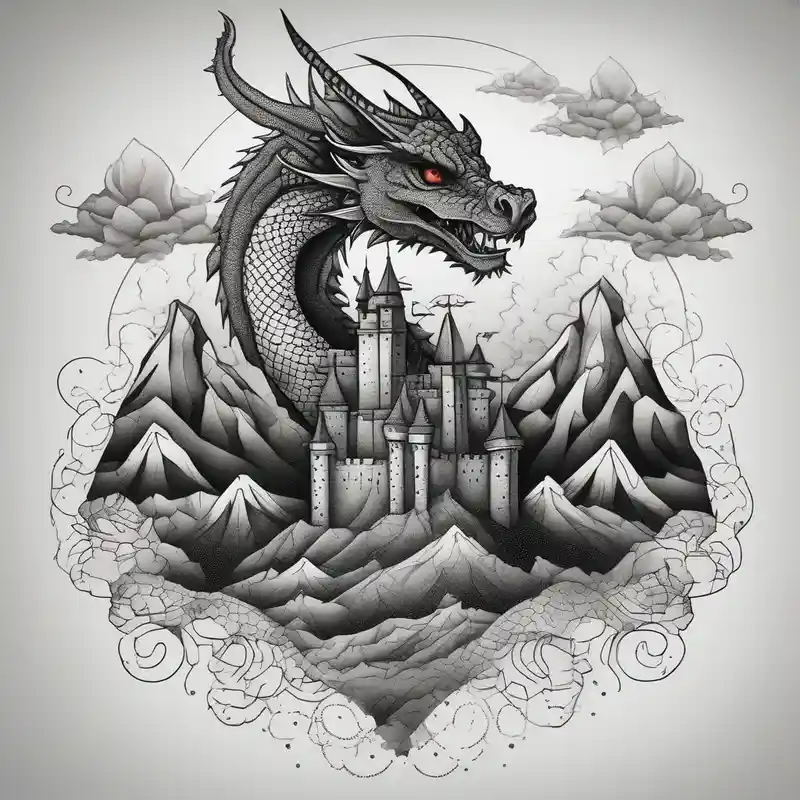 dotwork style 2025年のタトゥーアイデアブック about an open fairy book. a dragon with scales and four legs flying in the sky. a castle. three mountain peaks leg-ideas and an open fairy book. a dragon with scales and four legs flying in the sky. a castle. three mountain peaks leg-ideas