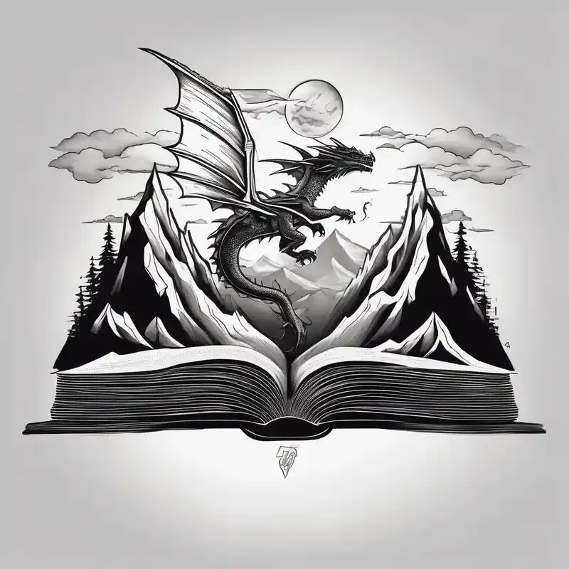 black and white style 2025年のタトゥーアイデアブック about An open magic book. a tiny dragon with four legs flying in the sky. three mountains coming out of the book leg-ideas and An open magic book. a tiny dragon with four legs flying in the sky. three mountains coming out of the book leg-ideas