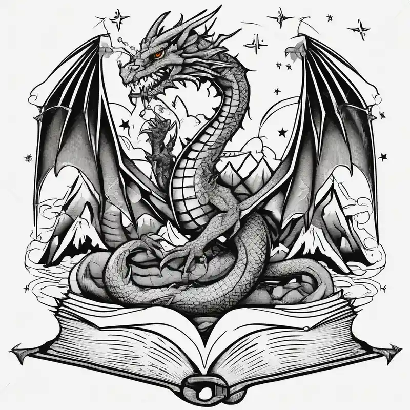 black and white style Book Tattoo Ideas in 2025 about an open fairy fantasy book. a flying dragon with scales and four legs. a sword. Three stars with three mountain peaks leg-ideas and an open fairy fantasy book. a flying dragon with scales and four legs. a sword. Three stars with three mountain peaks leg-ideas