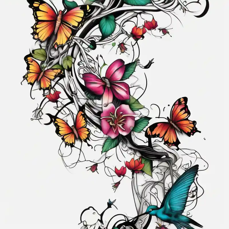 black and white style Hummingbird Tattoo Meaning and Designs in 2024 about Leg sleeve that is a vine rapping around the leg with flowers and butterflies and  hummingbirds leg-men and Leg sleeve that is a vine rapping around the leg with flowers and butterflies and  hummingbirds leg-men