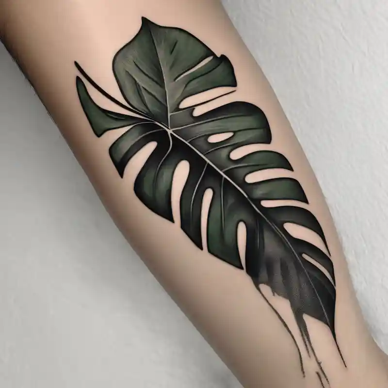 blackwork style Outside Forearm Tattoo Men Ideas in 2025 & free generation about Abstract but realistic monstera leaf tattoo to go on the right leg on the outside of the leg next to the shin with a stem going down behind the ankle leg-men and Abstract but realistic monstera leaf tattoo to go on the right leg on the outside of the leg next to the shin with a stem going down behind the ankle leg-men