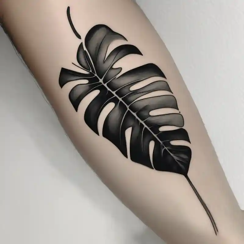 black and white style 2025年の男性向け外側前腕タトゥーのアイデア about Abstract but realistic monstera leaf tattoo to go on the right leg on the outside of the leg next to the shin with a stem going down behind the ankle. Make it not so dark with lighter shading leg-men and Abstract but realistic monstera leaf tattoo to go on the right leg on the outside of the leg next to the shin with a stem going down behind the ankle. Make it not so dark with lighter shading leg-men