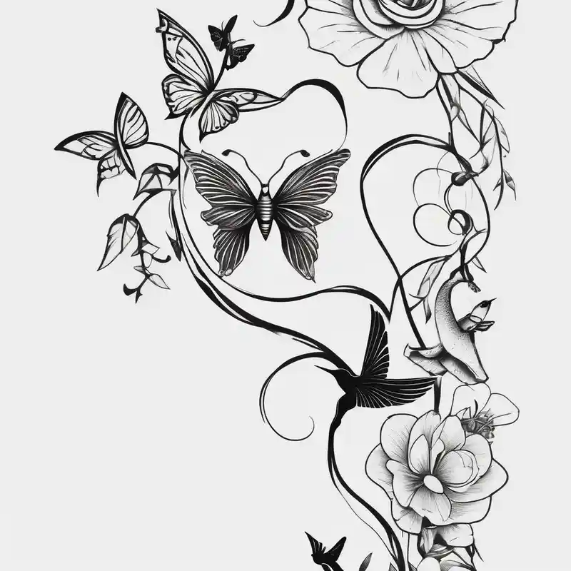 minimalist style Hummingbird Tattoo Meaning and Designs in 2024 about Leg sleeve that is a vine rapping around the leg with flowers and butterflies and  hummingbirds leg-men and Leg sleeve that is a vine rapping around the leg with flowers and butterflies and  hummingbirds leg-men