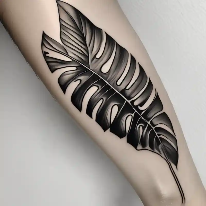 japanese style Outside Forearm Tattoo Men Ideas in 2025 & free generation about Abstract but realistic monstera leaf tattoo to go on the right leg on the outside of the leg next to the shin with a stem going down behind the ankle leg-men and Abstract but realistic monstera leaf tattoo to go on the right leg on the outside of the leg next to the shin with a stem going down behind the ankle leg-men