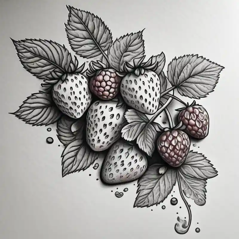 dotwork style 2025年の3D蝶のタトゥーアイデア about Strawberry and raspberries